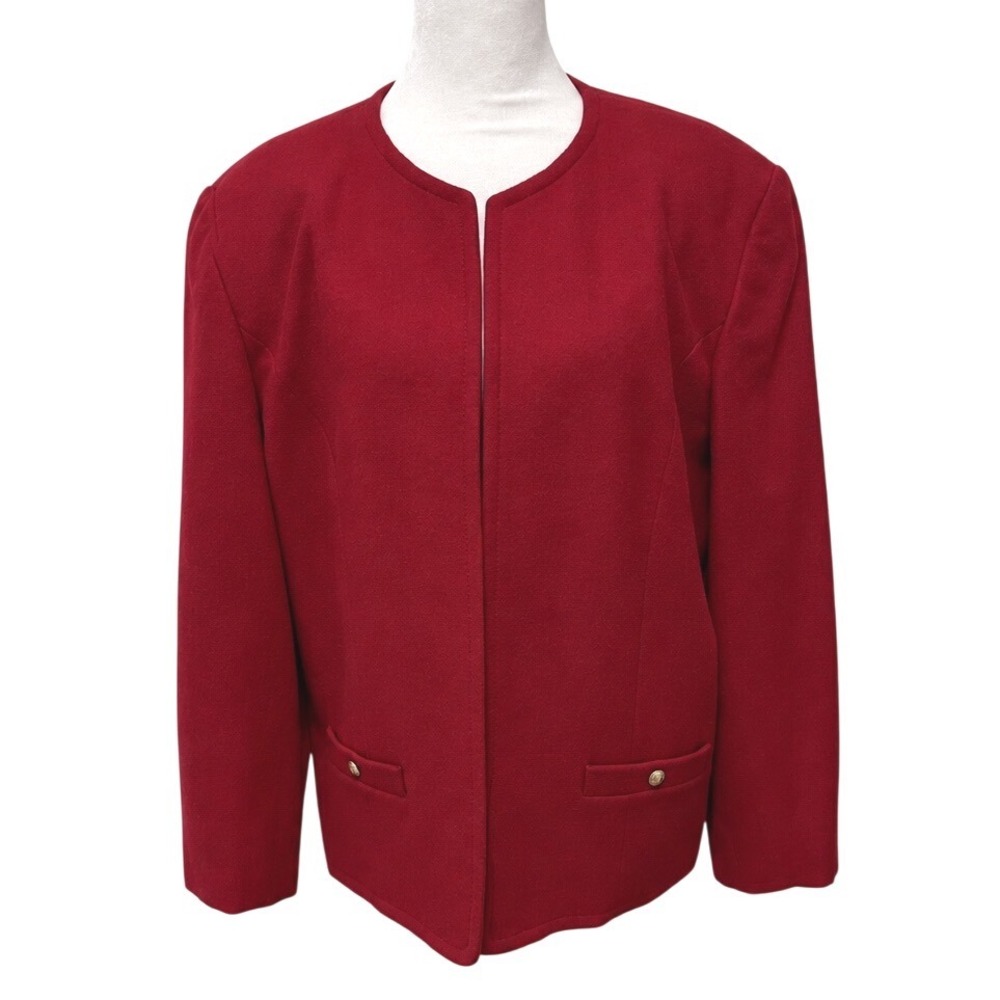 Talbots Red VTG. 100% Wool Collarless Blazer Jacket Gold Buttons Sz. 18